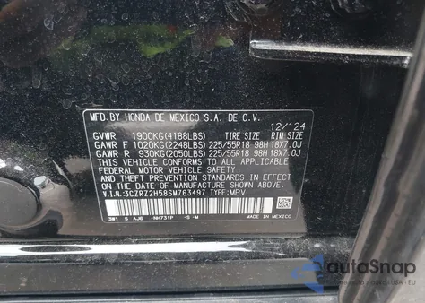 2025 Honda Hr-V Awd Sport from USA, damaged, VIN 3CZRZ2H58SM763497